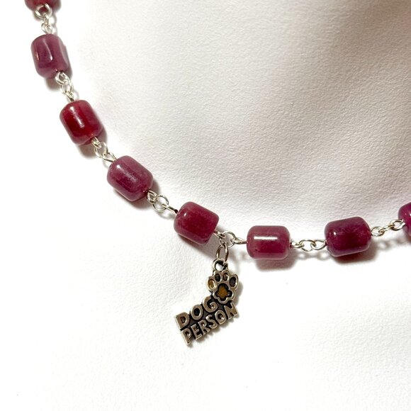 Genuine Magenta Chalcedony Short Necklace, Gemstone & Dog Person Paw Print Charm - Picture 1 of 14